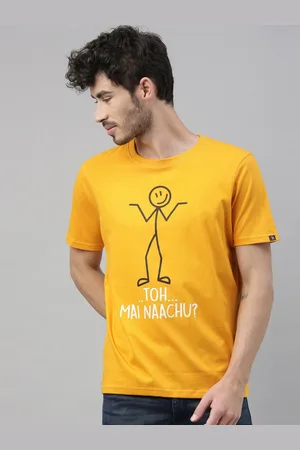 Bushirt Men Mustard Yellow Printed Round Neck Cotton Pure Cotton T-shirt