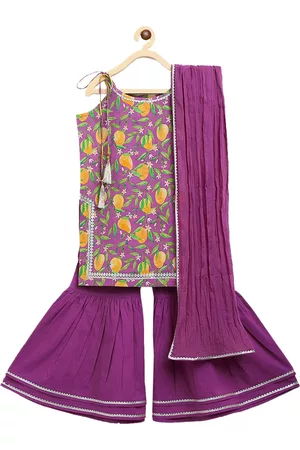 Tiber Taber Girls Purple Floral Printed Pure Cotton Kurta with Sharara & With Dupatta
