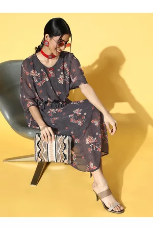 Soch Women Beautiful Charcoal Floral Swirling Volume Georgette Dress