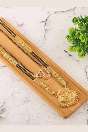Brandsoon Set Of 2 Gold-Plated Black Stone-Studded & Beaded Mangalsutra