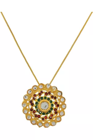 Silvermerc Designs Women Gold-Plated Green Kundan Studded Traditional Pendant With Chain