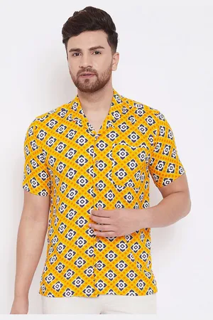 Even Men Yellow & Navy Blue Slim Fit Printed Casual Shirt