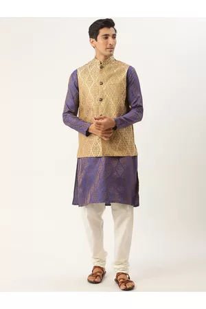 SOJANYA Men Purple Ethnic Motifs Kurta with Churidar & Nehru Jacket