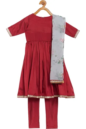 Ethnovog Girls Maroon Pleated Kurta with Churidar Dupatta