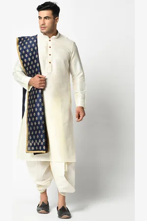 DEYANN Men Off-White & Navy Blue Solid Kurta with Dhoti Pants & Dupatta