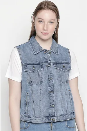 LOVEGEN Women Blue Washed sleeveless Crop Denim Jacket
