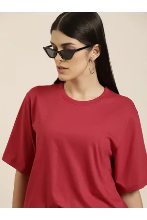 Difference of Opinion Women Red Solid Pure Cotton Oversized T-shirt