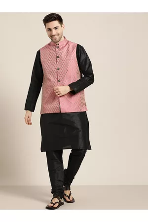 SOJANYA Men Black Kurta with Churidar & Nehru Jacket