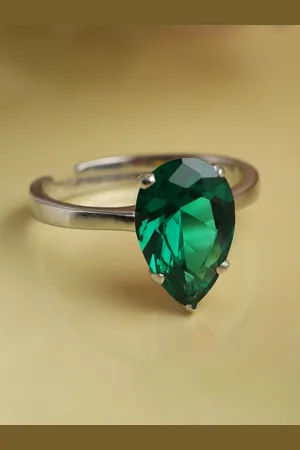 CLARA Rhodium-Plated Green & Silver-Toned Cubic Zirconia Adjustable Finger Ring