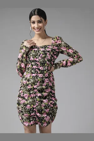 PANIT Black Floral Georgette Bodycon Dress