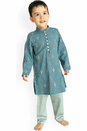 Campana Boys Blue Striped Pleated Pure Cotton Kurti with Pyjamas