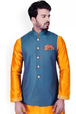 MANU Blue Solid Nehru Jacket