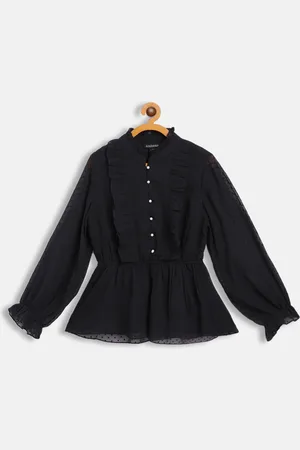 Antheaa Black Bishop Sleeves Ruffles Smocked Chiffon Shirt Style Top