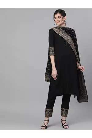 Ishin Women Black Ethnic Motifs High Slit Gotta Patti Kurta with Trousers & With Dupatta