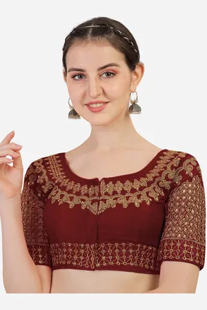 PUJIA MILLS Women Maroon Embroidered Silk Saree Blouse