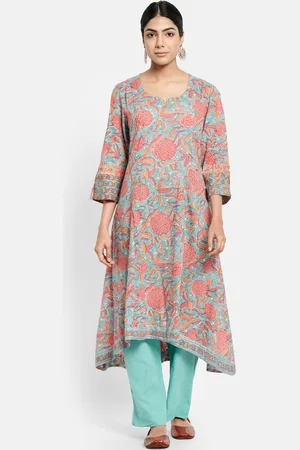 Fabindia Women Blue Floral Printed Pleated Pure Cotton Kurta with Trousers