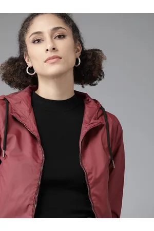 Roadster Women Maroon Windcheater Hooded Bomber Jacket