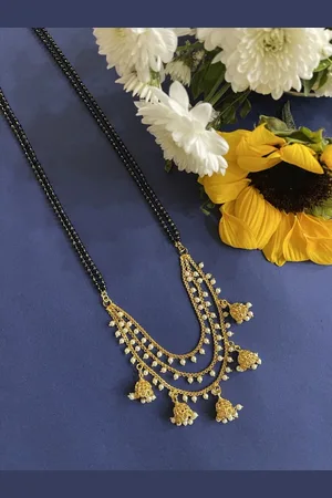 Digital Dress Room Women Gold-Plated White Pearl & Black Beaded 3-Layered Mangalsutra