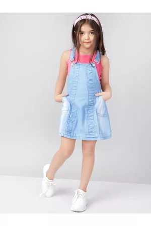 naughty ninos Girls Blue Solid Pinafore Denim dress