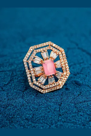 Aadita 18K Gold-Plated White & Pink AD-Studded Adjustable Finger Ring