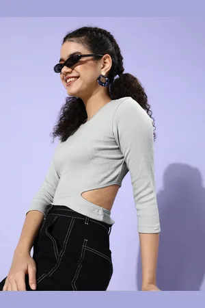 STREET 9 Woman Beautiful Grey Solid Cropped Top