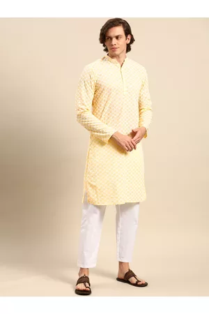 Anouk Men Yellow Ethnic Motifs Embroidered Pure Cotton Kurta with Pyjamas