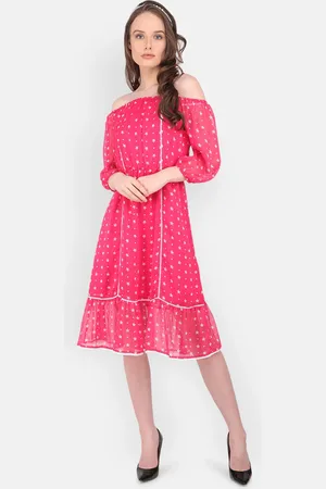 MARC LOUIS Women Pink & White Printed Off-Shoulder Chiffon Dress
