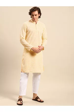 Anouk Men Yellow Ethnic Motifs Embroidered Pure Cotton Kurta with Pyjamas