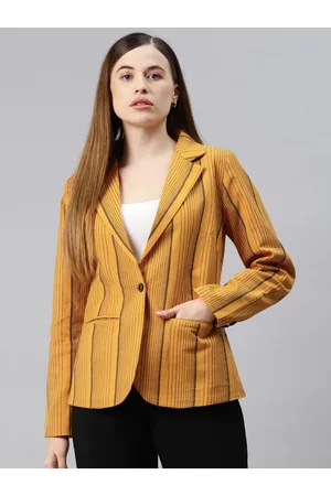 Cottinfab Women Mustard Striped Single-Breasted Formal Blazer