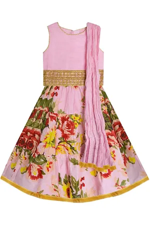 A.T.U.N. A T U N Girls Pink & Green Embellished Ready to Wear Lehenga & Blouse With Dupatta
