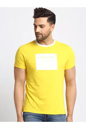 DOOR74 Men Yellow Printed Round Neck T-shirt