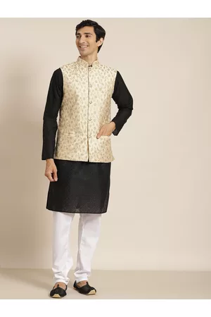 SOJANYA Men Black Ethnic Motifs Chikankari Pure Cotton Kurta with Churidar & Nehru Jacket