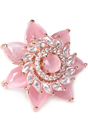 JEWELS GEHNA Pink Rose Gold-Plated AD-Studded Handcrafted Adjustable Floral Finger Ring