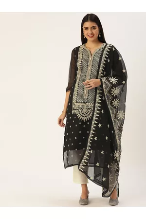 SWAGG INDIA Women Black Ethnic Motifs Embroidered Kurta with Trousers & With Dupatta