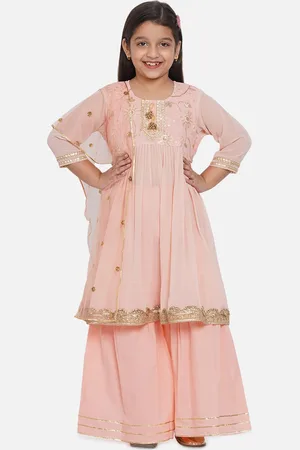 Little Bansi Girls Peach-Coloured Floral Embroidered Kurta with Sharara & With Dupatta