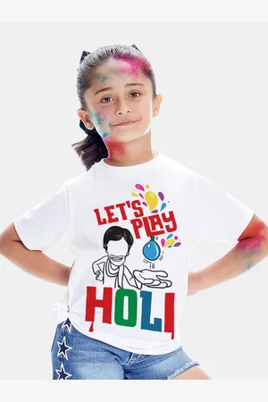 BONKIDS Girls White Lets Play Holi Printed T-shirt
