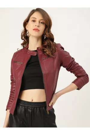 Leather Retail Women Maroon Solid Lightweight Leather Jacket