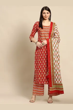 anayna Women Red Ethnic Motifs Printed Pure Cotton Kurta with Trousers & Dupatta