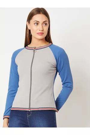 Miss Chase Women Grey & Blue Solid Bomber Jacket