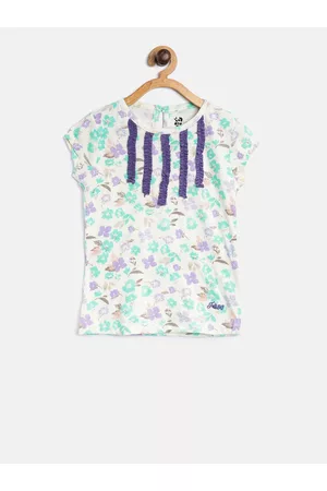 Blue Giraffe Girls Off-White & Green Floral Print Pure Cotton Top