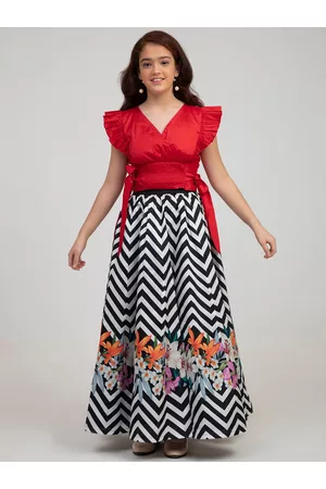 Bhama Girls Red & Black Printed Ready to Wear Lehenga Choli