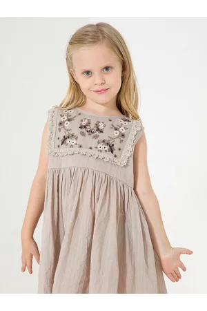 Cherry Crumble Girls Grey Floral Woven Design A-Line Dress