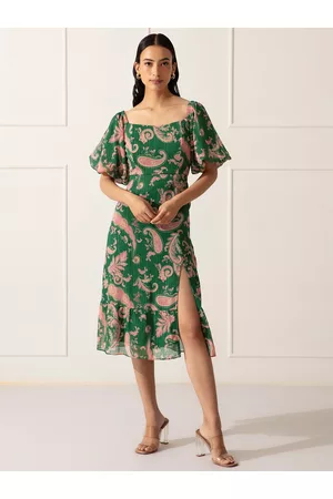 20Dresses Green and Peach Tropical Chiffon A-Line Midi Dress