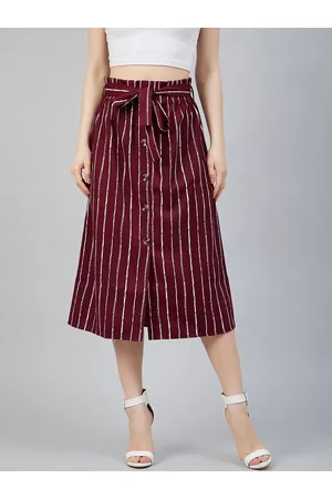 marie claire Women Maroon & White Striped A-Line Midi Skirt