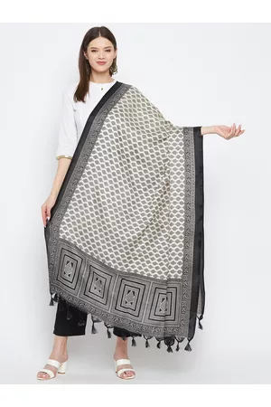 Clora Creation Black & White Printed Silk Dupatta