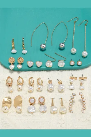 Ami Set of 15 Gold Tone Contemporary Classy Pearl Stud & Drop Earrings