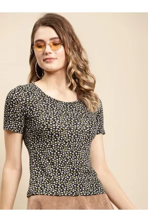 COVER STORY Women Black Ditsy Floral Printed Cotton Spandex T-shirt