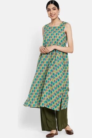 Fabindia Women Teal Blue & Purple Geometric Printed Cotton Kurta