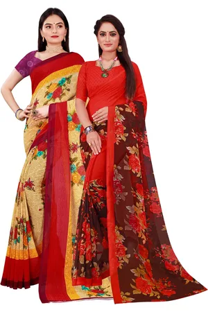 Kalini Pack Of 2 Women Beige & Red Printed Pure Georgette Saree With Unstitched Blouse