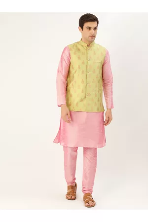 SOJANYA Men Pink & Green Solid Kurta with Churidar & Nehru Jacket